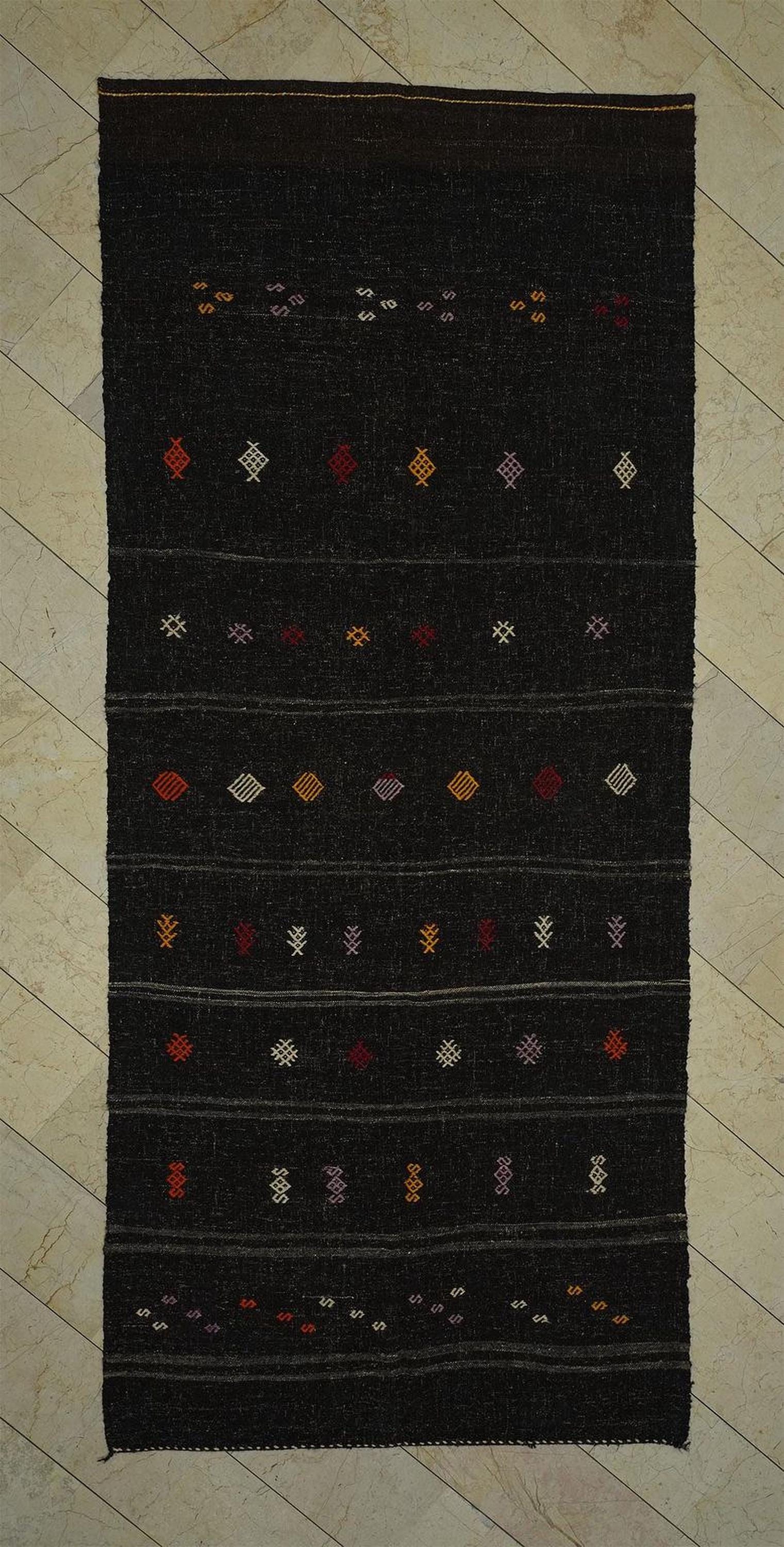 Vintage Turkish Kilim Rug: Brown Stripe, Goat Hair Embroidery Rugs 5"x11.7" Ft.