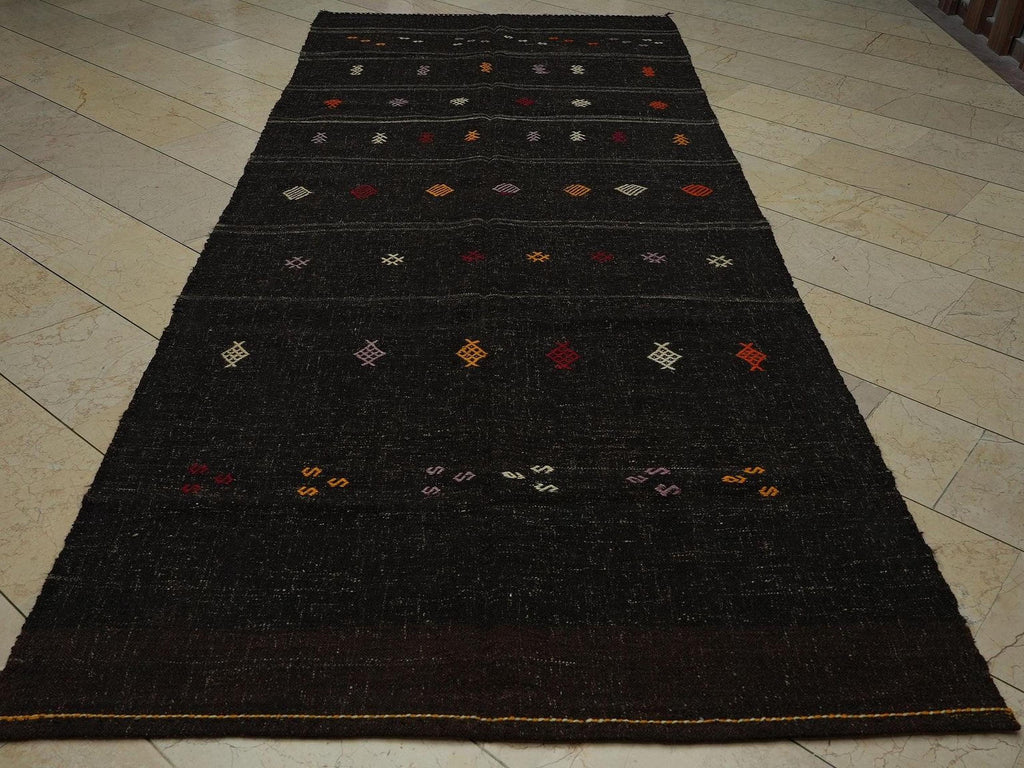 Vintage Turkish Kilim Rug: Brown Stripe, Goat Hair Embroidery Rugs 5"x11.7" Ft.
