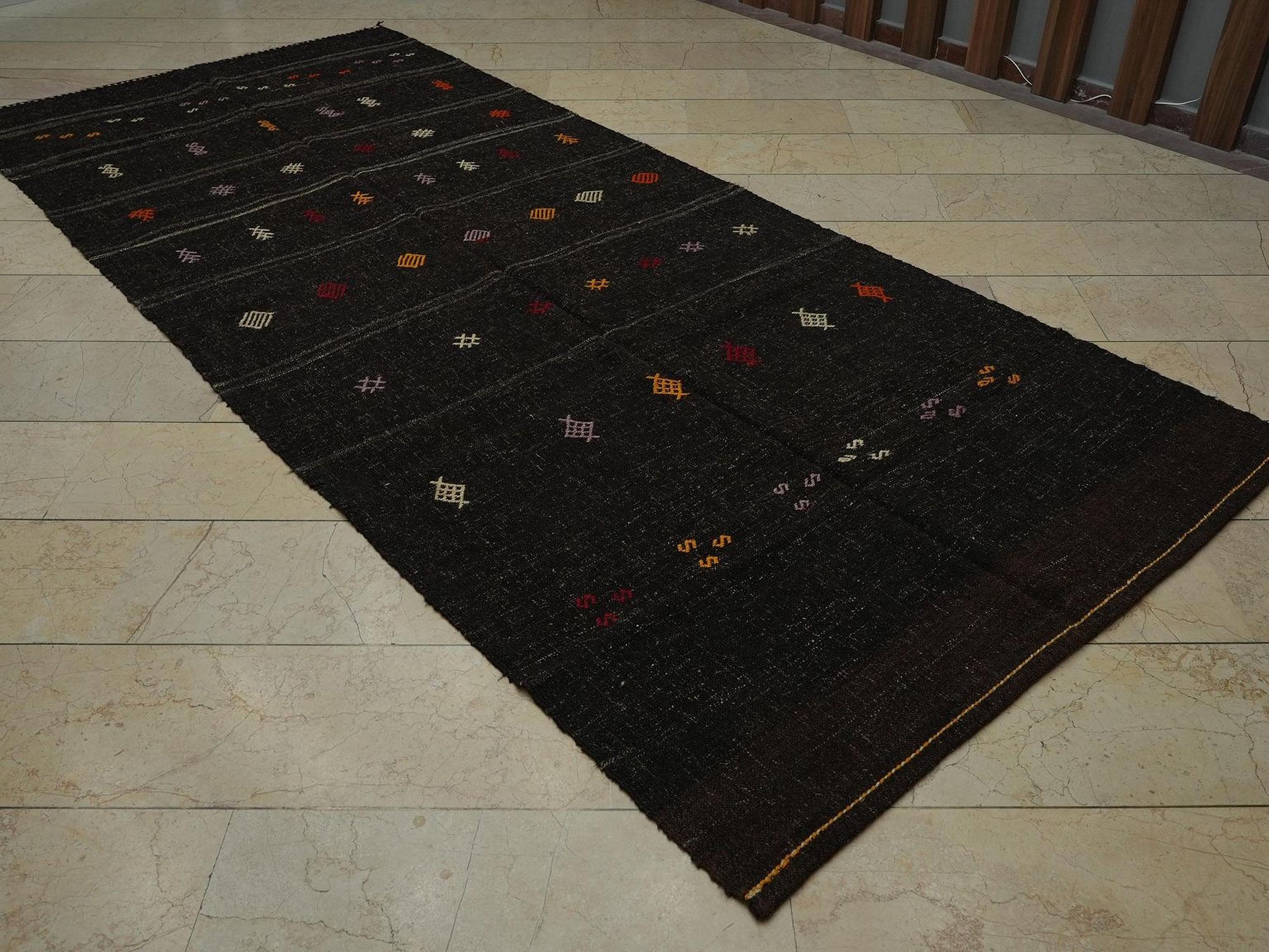 Vintage Turkish Kilim Rug: Brown Stripe, Goat Hair Embroidery Rugs 5"x11.7" Ft.