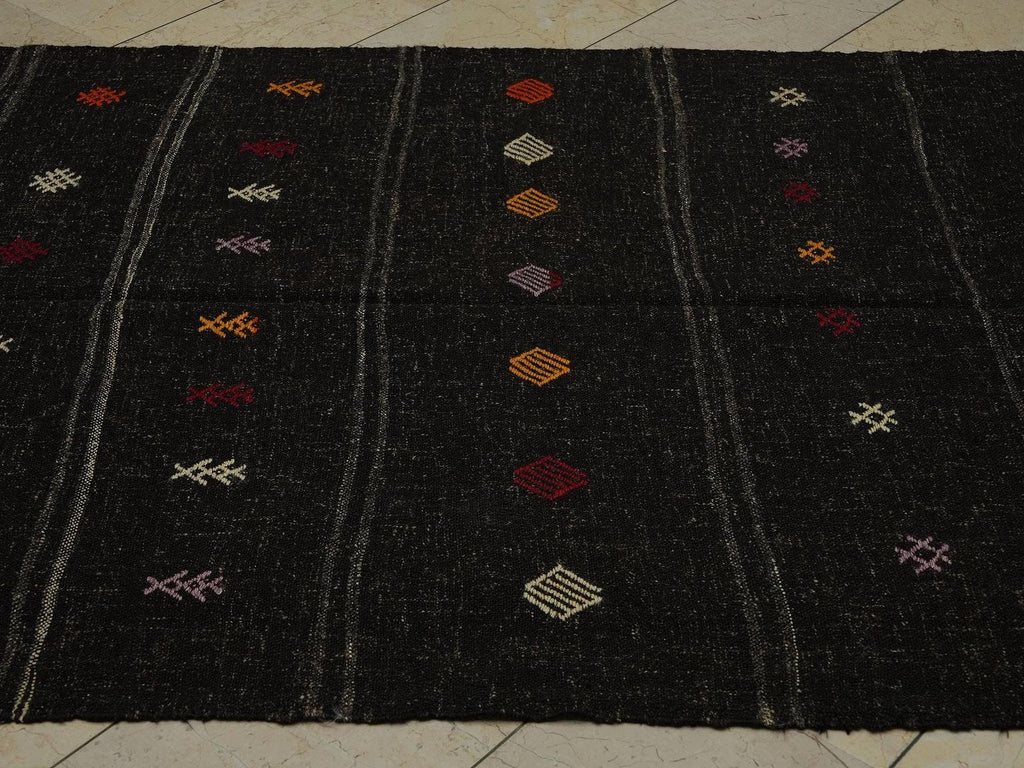 Vintage Turkish Kilim Rug: Brown Stripe, Goat Hair Embroidery Rugs 5"x11.7" Ft.