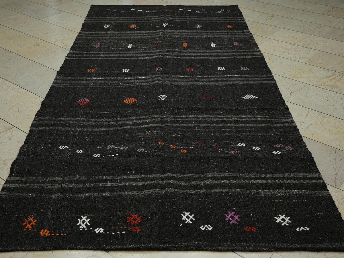 Goat Hair Rug Flat-Weave Kilim ,4.9x10.3 Ft,Striped Design Nomadic Rugs