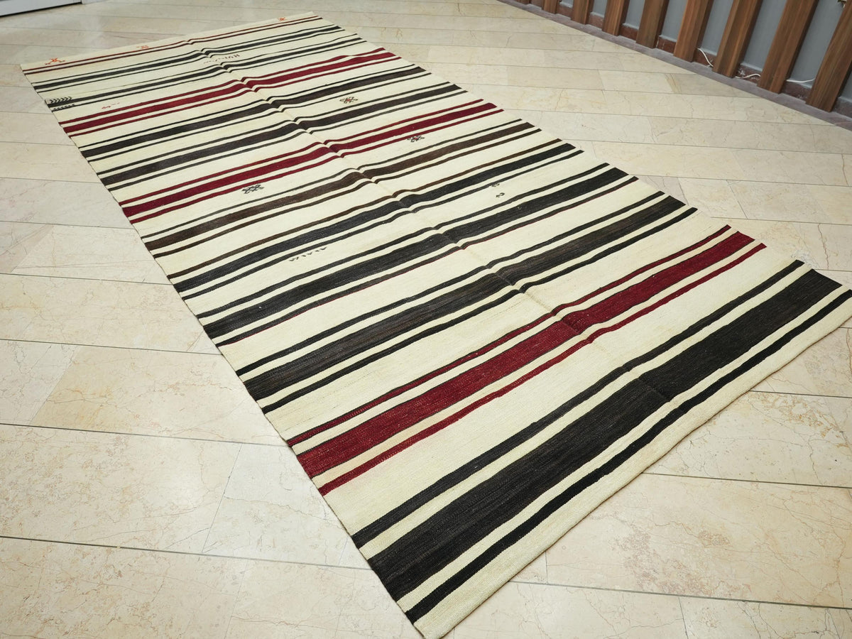 Vintage Striped Kilim Rug: Turkish Flat Weave, Mid-Century Modern Natural Rugs, 6x12 ft.