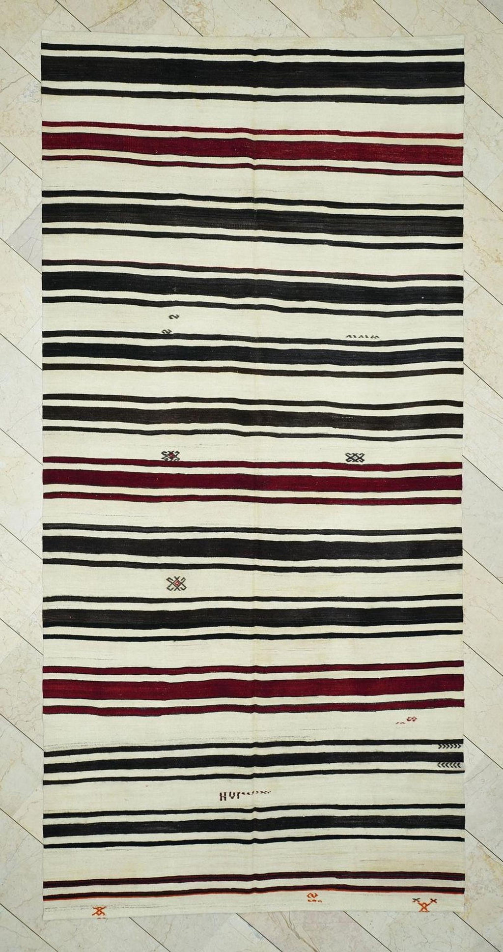 Vintage Striped Kilim Rug: Turkish Flat Weave, Mid-Century Modern Natural Rugs, 6x12 ft.