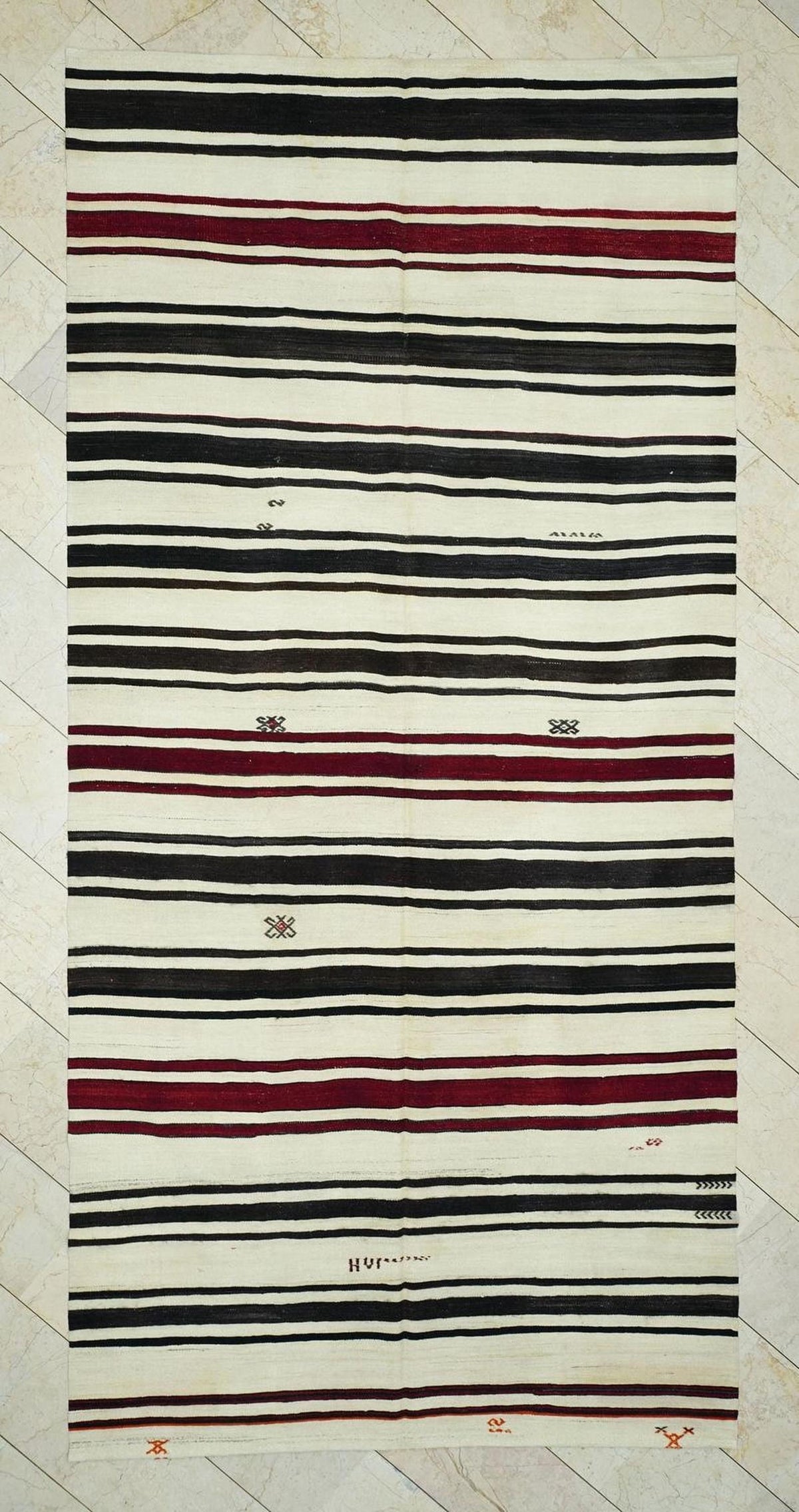 Vintage Striped Kilim Rug: Turkish Flat Weave, Mid-Century Modern Natural Rugs, 6x12 ft.