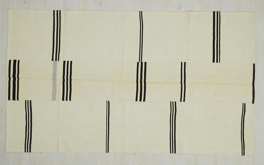 5x8 Minimalist Home Style Wool Kilim Rug:  Broken Stripe Turkish Flat Woven Modern Rugs.