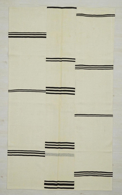 5x8 Minimalist Home Style Wool Kilim Rug:  Broken Stripe Turkish Flat Woven Modern Rugs.