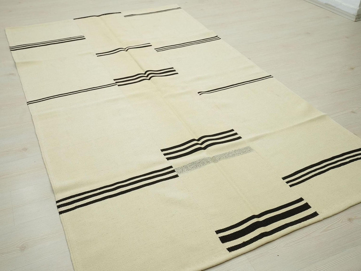 5x8 Minimalist Home Style Wool Kilim Rug:  Broken Stripe Turkish Flat Woven Modern Rugs.