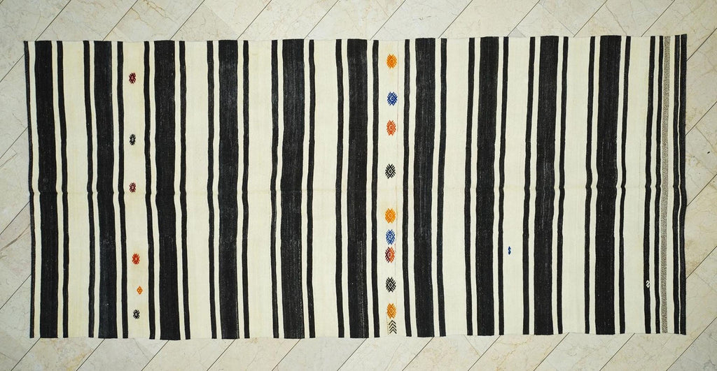 Mid Century Modern Kilim Rug: Dark Brown and Cream Stripe Turkish Rugs, 6x13,3 Feet.