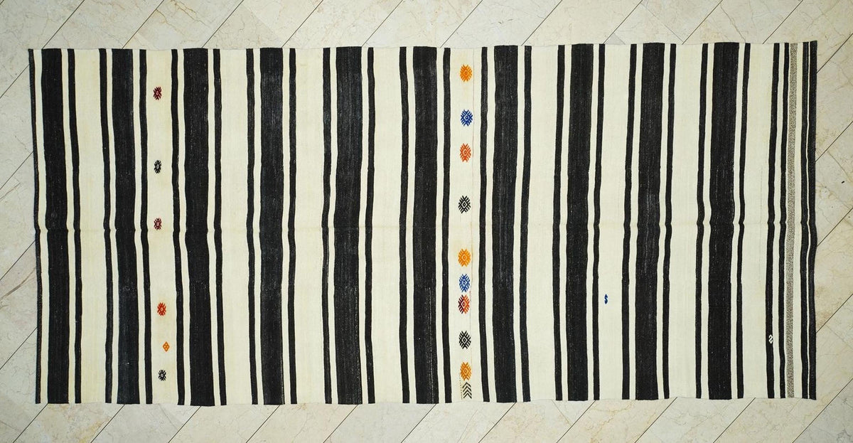 Mid Century Modern Kilim Rug: Dark Brown and Cream Stripe Turkish Rugs, 6x13,3 Feet.