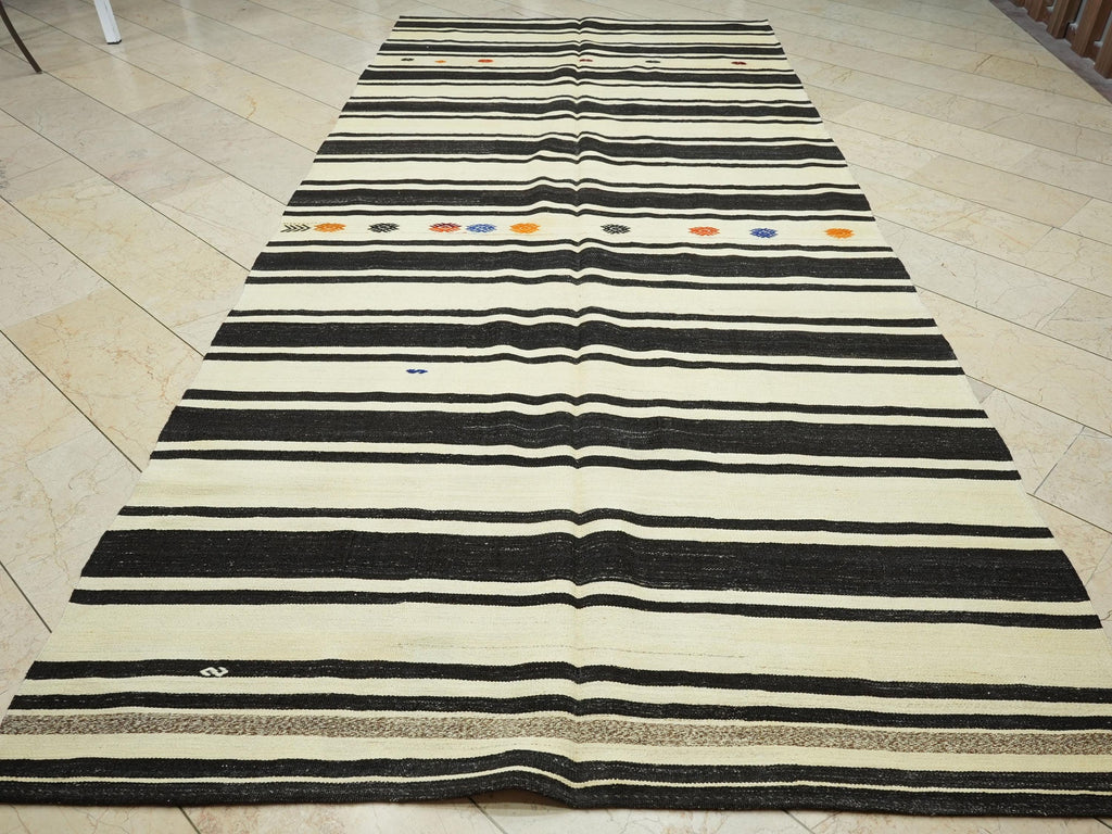 Mid Century Modern Kilim Rug: Dark Brown and Cream Stripe Turkish Rugs, 6x13,3 Feet.