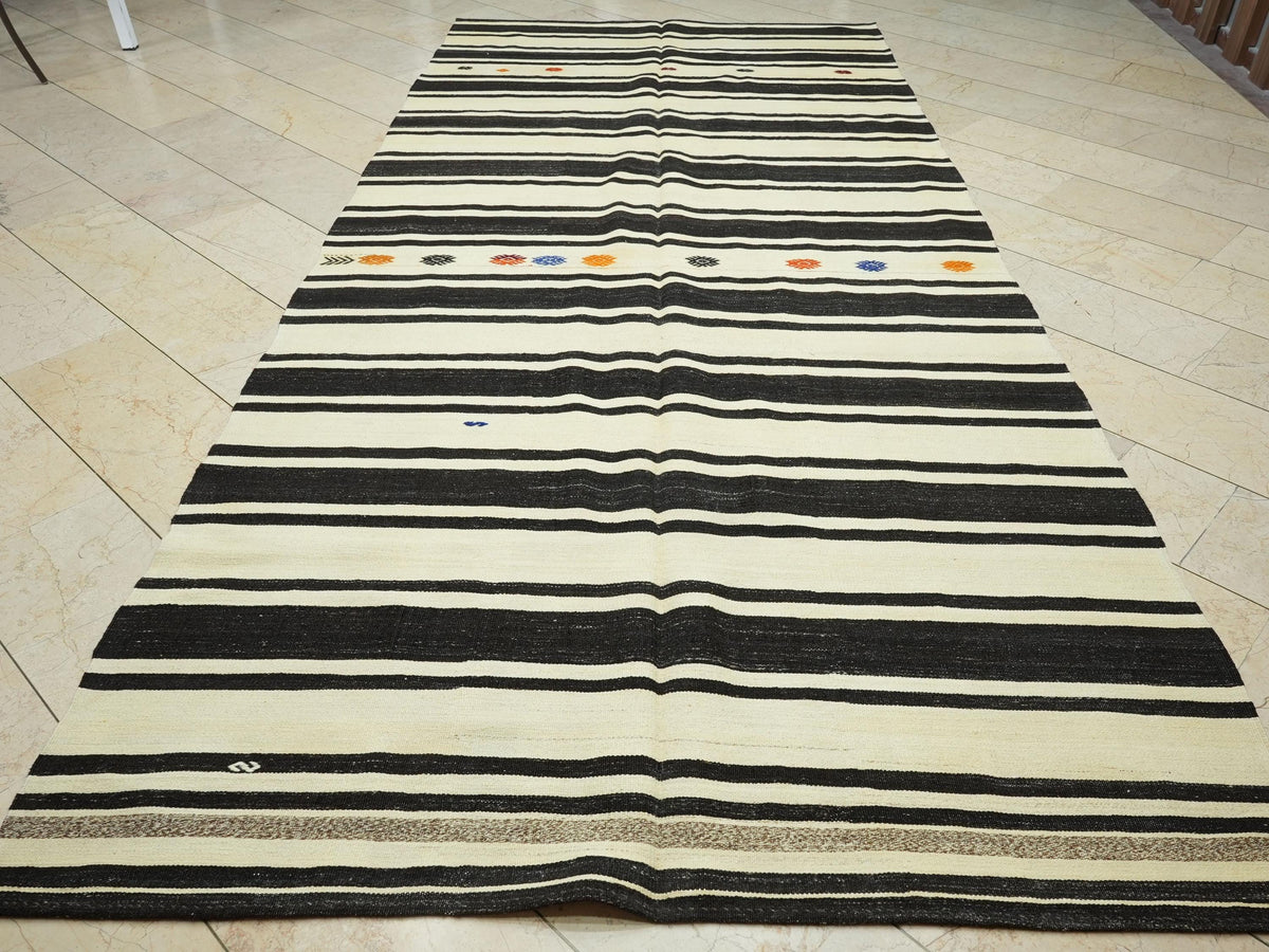 Mid Century Modern Kilim Rug: Dark Brown and Cream Stripe Turkish Rugs, 6x13,3 Feet.
