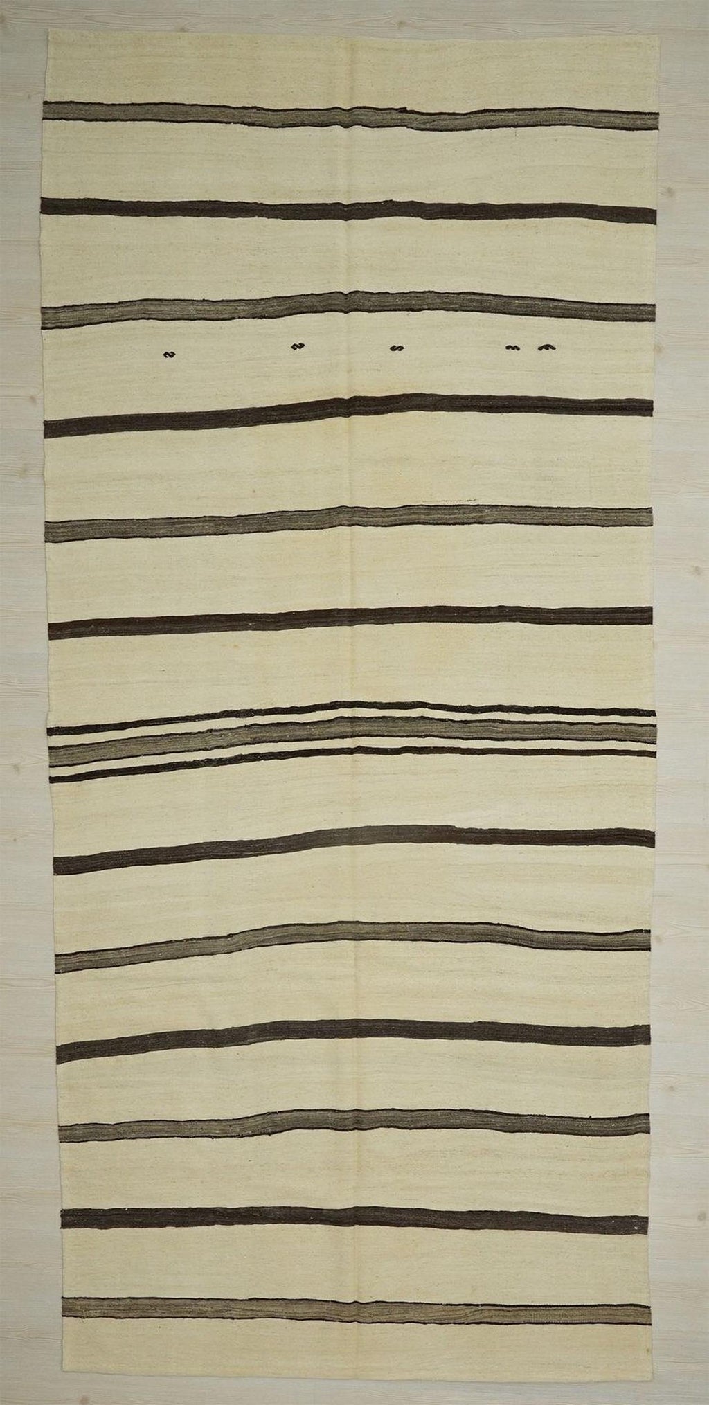 Old Turkish Kilim Rug: Brown & Cream Stripe Minimalist Home Style Decor Rugs, 5.4x12.
