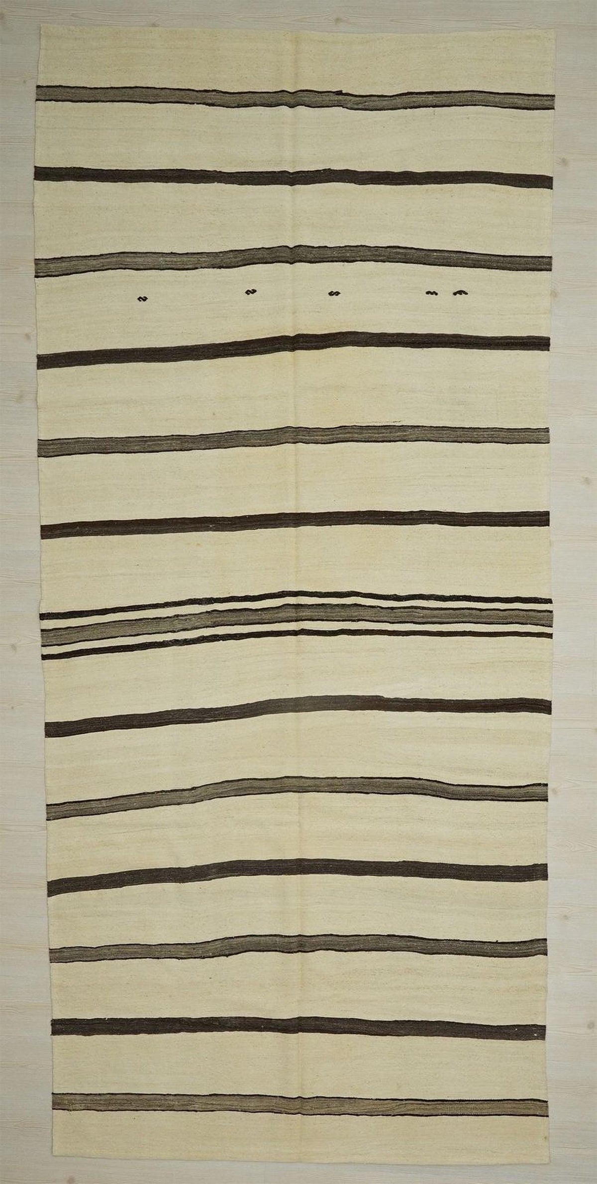 Old Turkish Kilim Rug: Brown & Cream Stripe Minimalist Home Style Decor Rugs, 5.4x12.