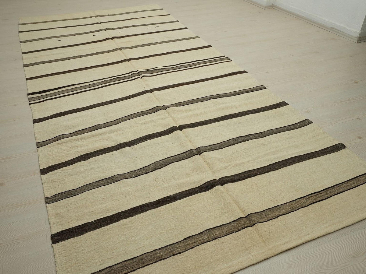 Old Turkish Kilim Rug: Brown & Cream Stripe Minimalist Home Style Decor Rugs, 5.4x12.