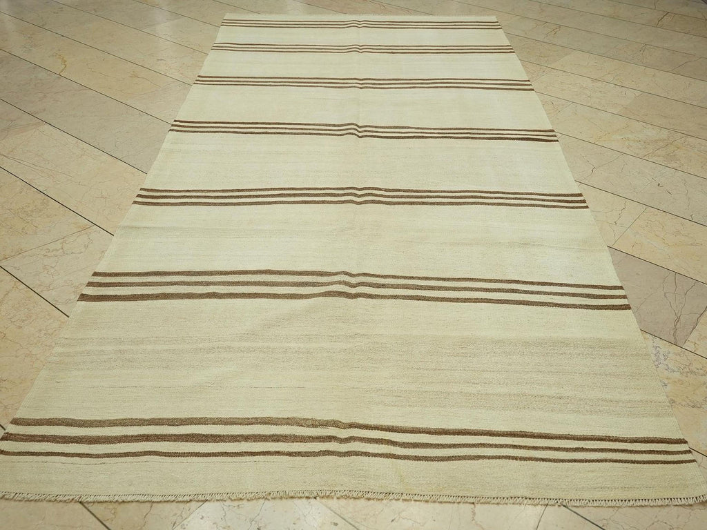 Swedish Style Natural Wool Turkish Kilim Rug:4.9x10.2 Feet,Flat Weave Striped Area Rugs.