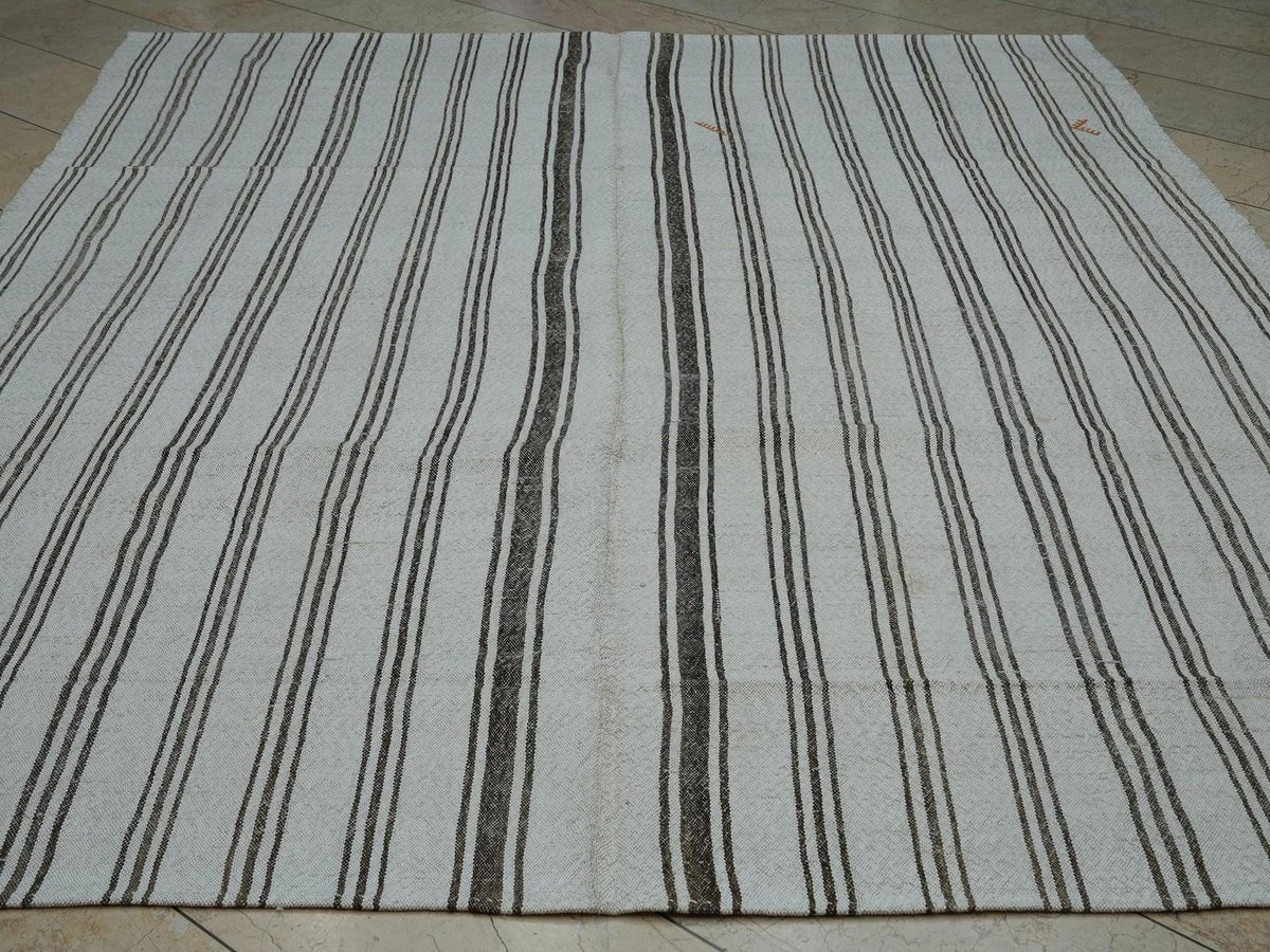 8x10 Minimalist Home Style Decor Striped Kilim Rug: Brown & White Vintage Turkish Rugs.