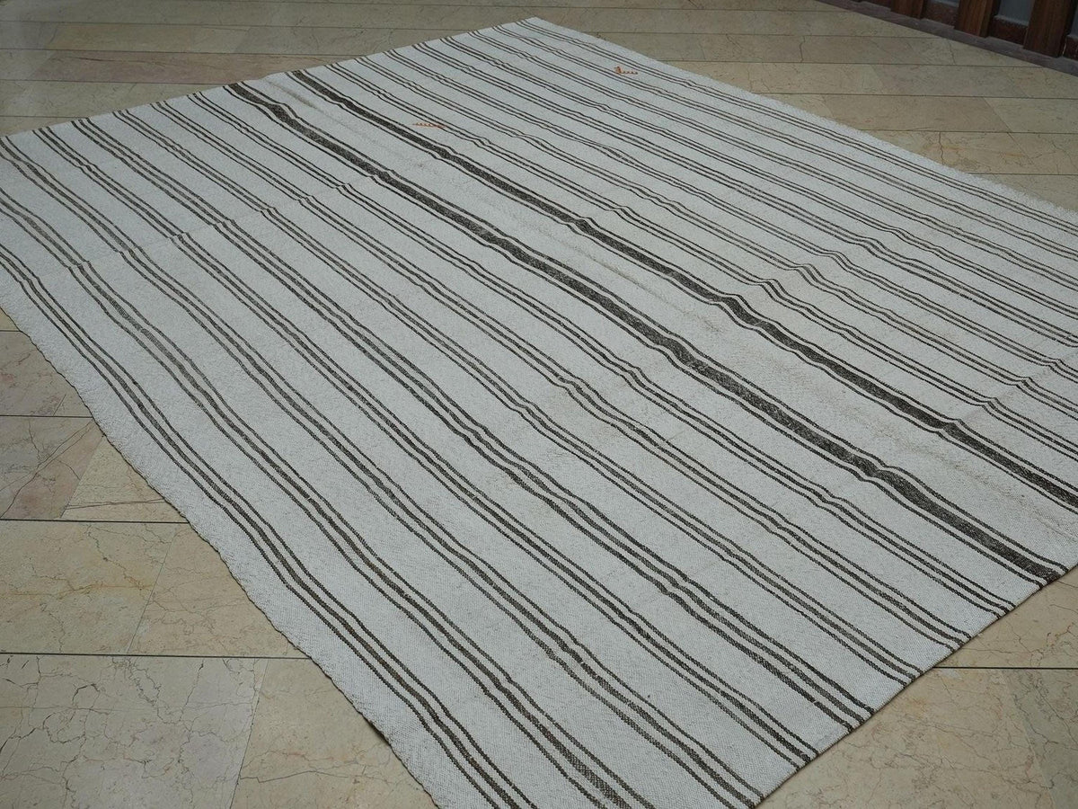 8x10 Minimalist Home Style Decor Striped Kilim Rug: Brown & White Vintage Turkish Rugs.