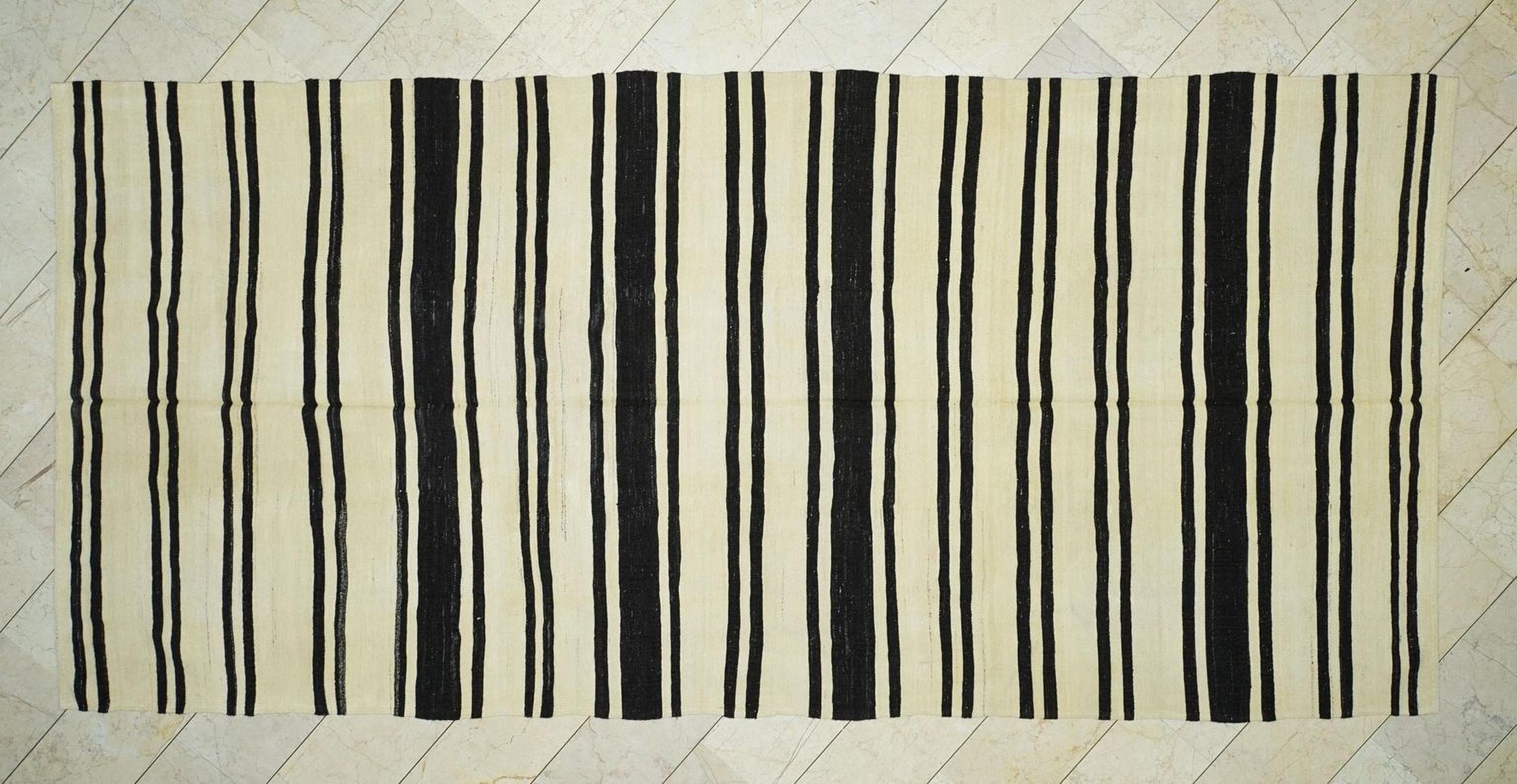 Large Old Turkish Kilim Rug: Minimalist Home Style Decor Stripe Rugs 6,5x14 Feet.