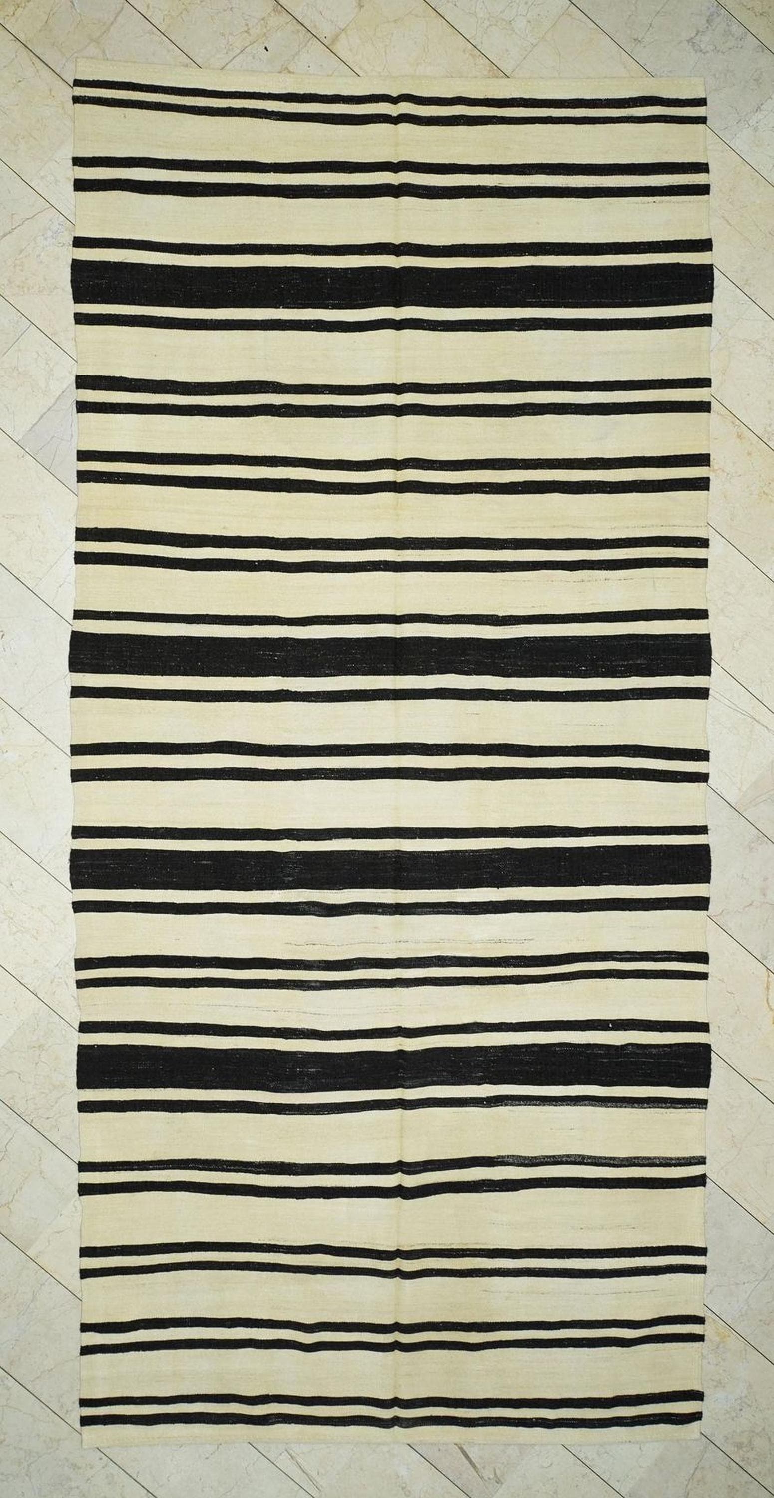 Large Old Turkish Kilim Rug: Minimalist Home Style Decor Stripe Rugs 6,5x14 Feet.