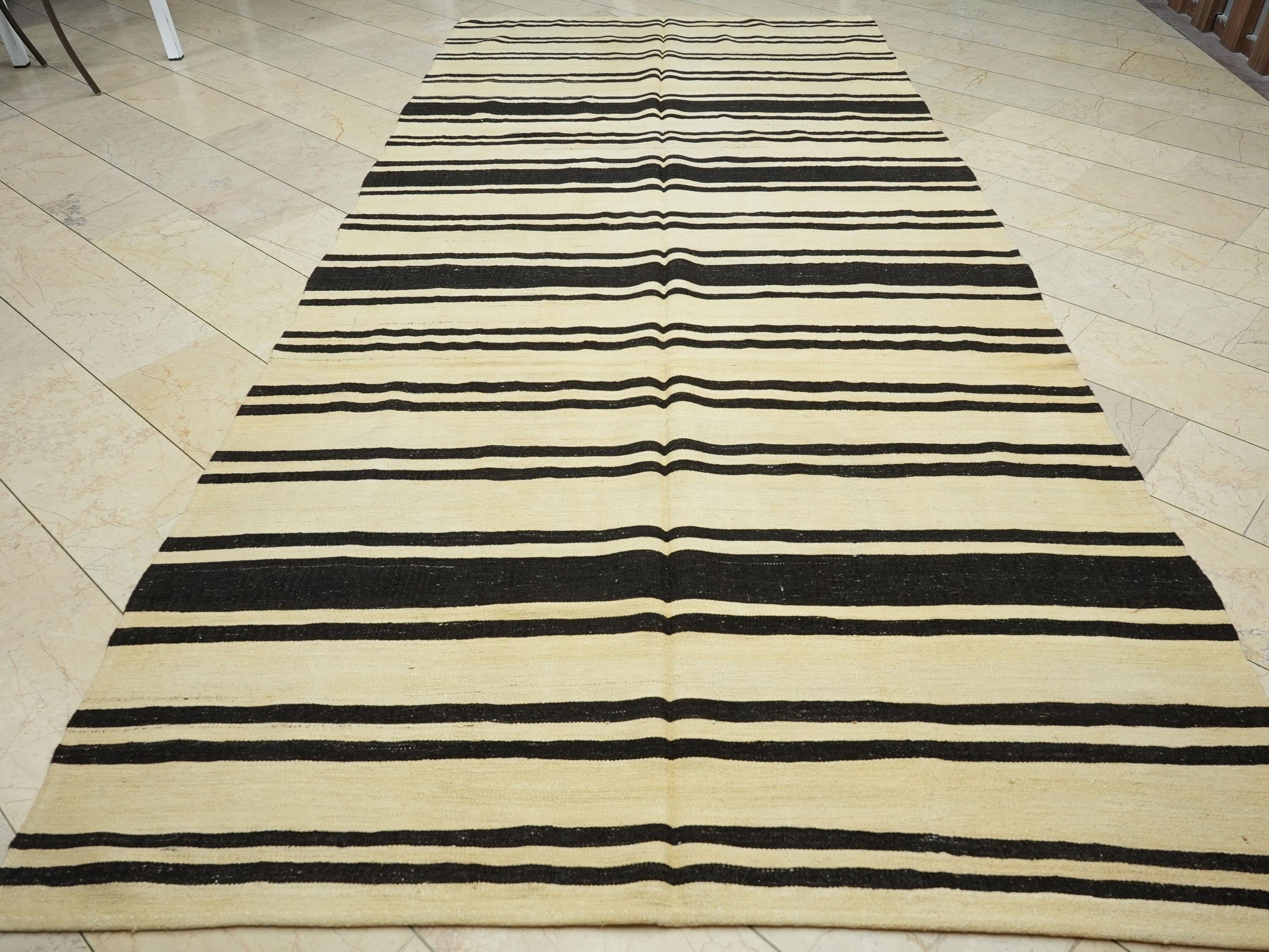 Large Old Turkish Kilim Rug: Minimalist Home Style Decor Stripe Rugs 6,5x14 Feet.