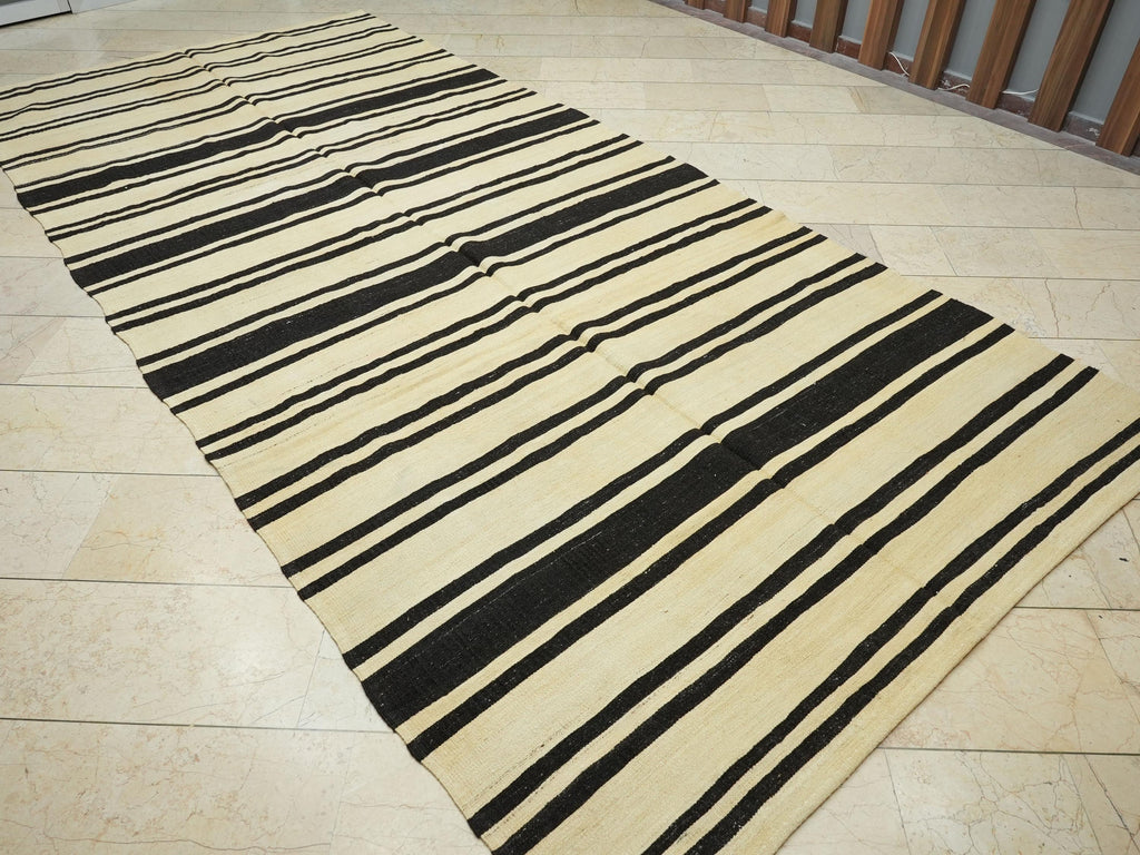 Large Old Turkish Kilim Rug: Minimalist Home Style Decor Stripe Rugs 6,5x14 Feet.