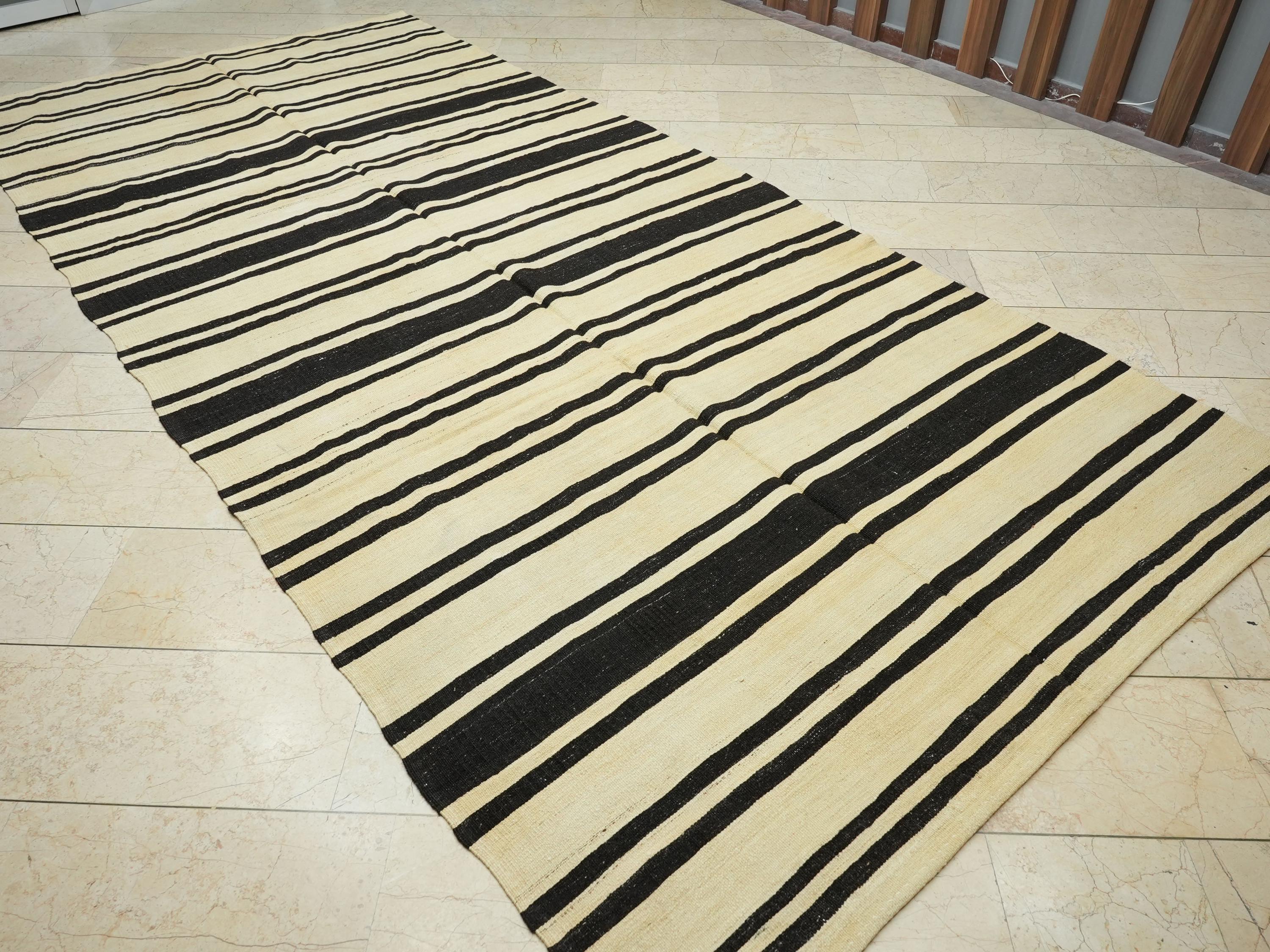 Large Old Turkish Kilim Rug: Minimalist Home Style Decor Stripe Rugs 6,5x14 Feet.