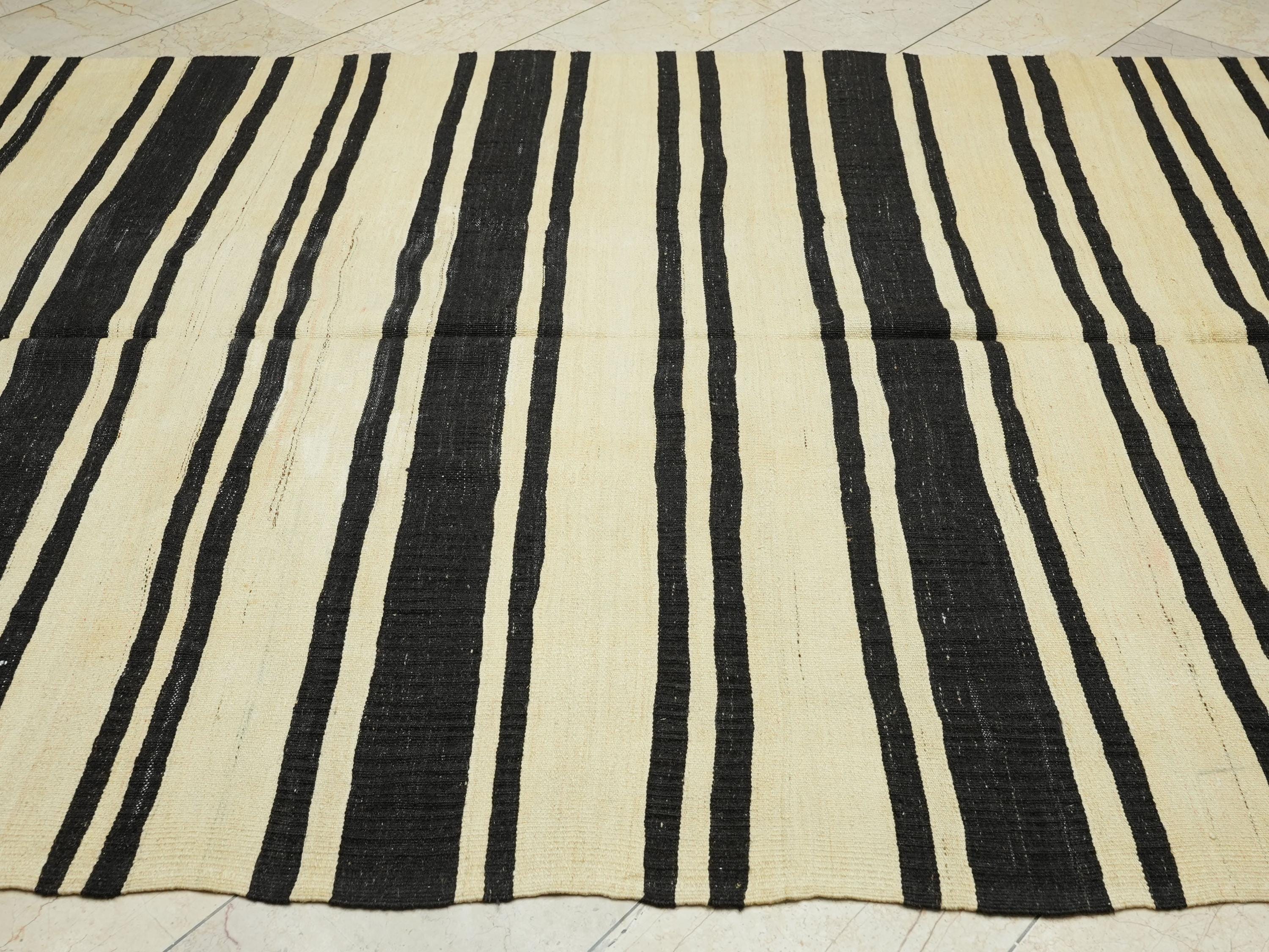 Large Old Turkish Kilim Rug: Minimalist Home Style Decor Stripe Rugs 6,5x14 Feet.