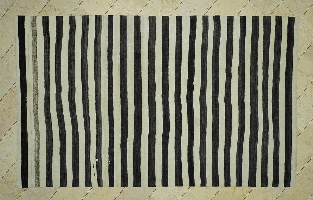 Faded Black & Beige Striped Mid Century Modern Rug: 6.8x11 Feet,Handmade Turkish Kilim Rugs.