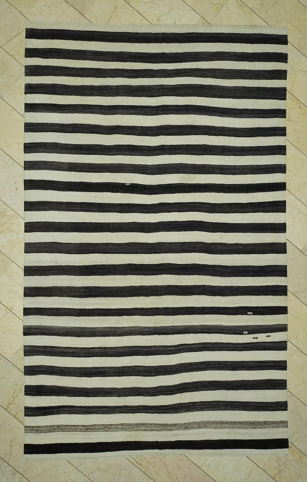Faded Black & Beige Striped Mid Century Modern Rug: 6.8x11 Feet,Handmade Turkish Kilim Rugs.