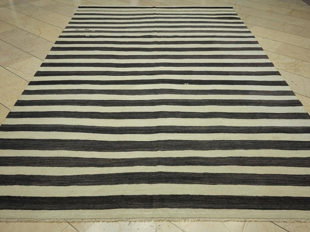 Faded Black & Beige Striped Mid Century Modern Rug: 6.8x11 Feet,Handmade Turkish Kilim Rugs.