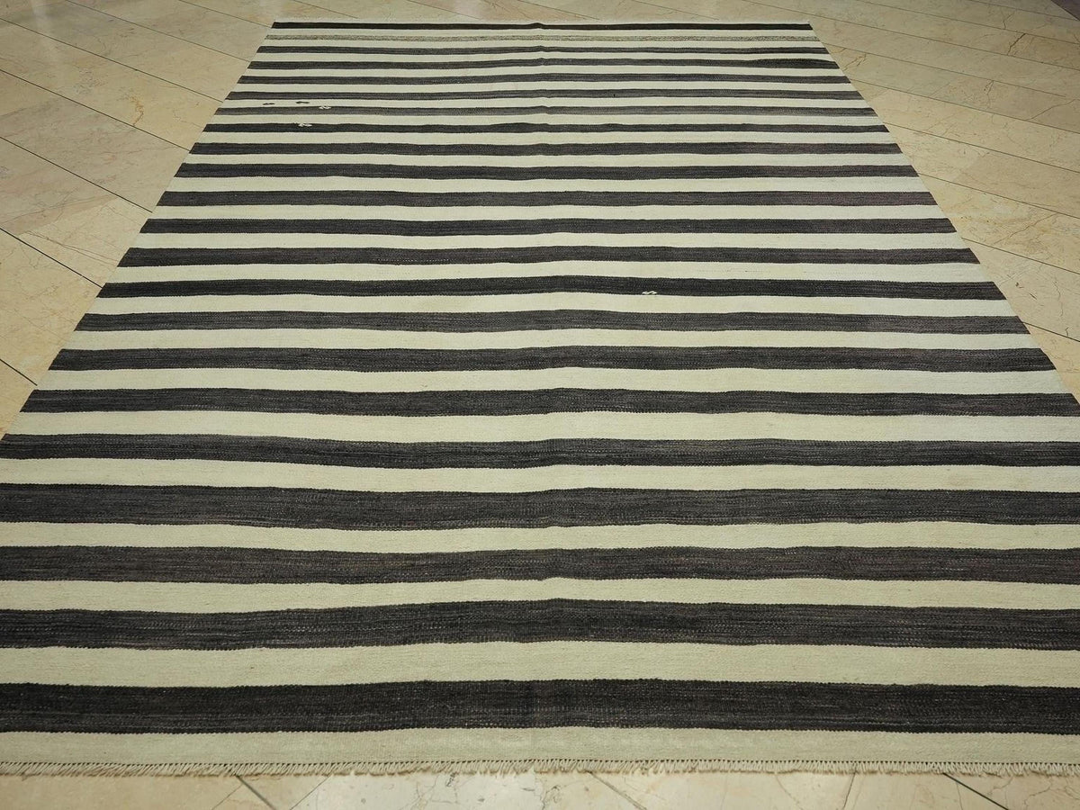 Faded Black & Beige Striped Mid Century Modern Rug: 6.8x11 Feet,Handmade Turkish Kilim Rugs.