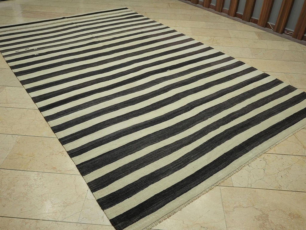 Faded Black & Beige Striped Mid Century Modern Rug: 6.8x11 Feet,Handmade Turkish Kilim Rugs.