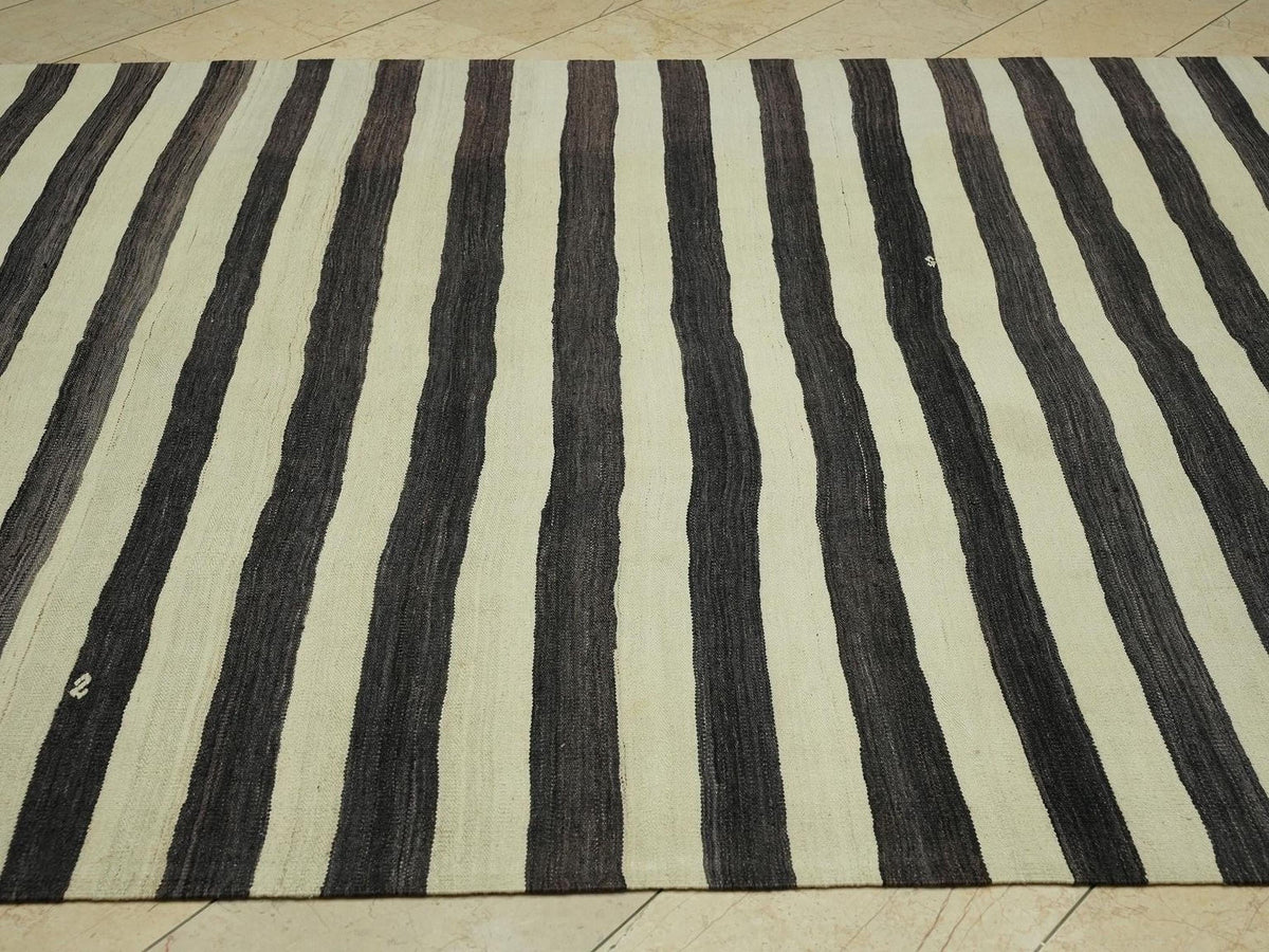 Faded Black & Beige Striped Mid Century Modern Rug: 6.8x11 Feet,Handmade Turkish Kilim Rugs.