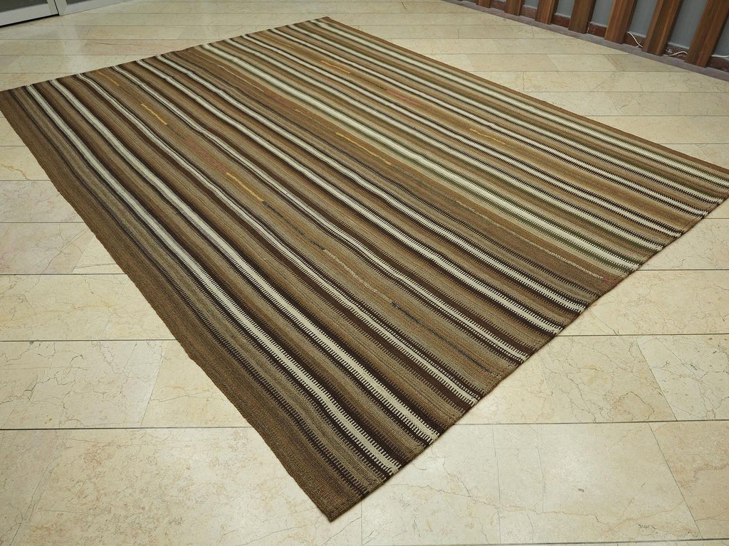 Neutral Stripe One Of A Kind Turkish Kilim Rug: 7.5x10 Feet,Primitive Wool Handmade Rugs.