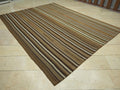 Neutral Stripe One Of A Kind Turkish Kilim Rug: 7.5x10 Feet,Primitive Wool Handmade Rugs.