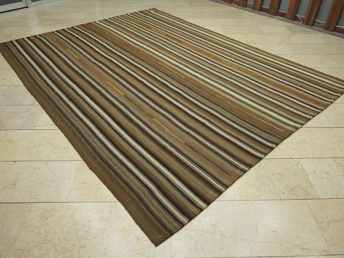 Neutral Stripe One Of A Kind Turkish Kilim Rug: 7.5x10 Feet,Primitive Wool Handmade Rugs.