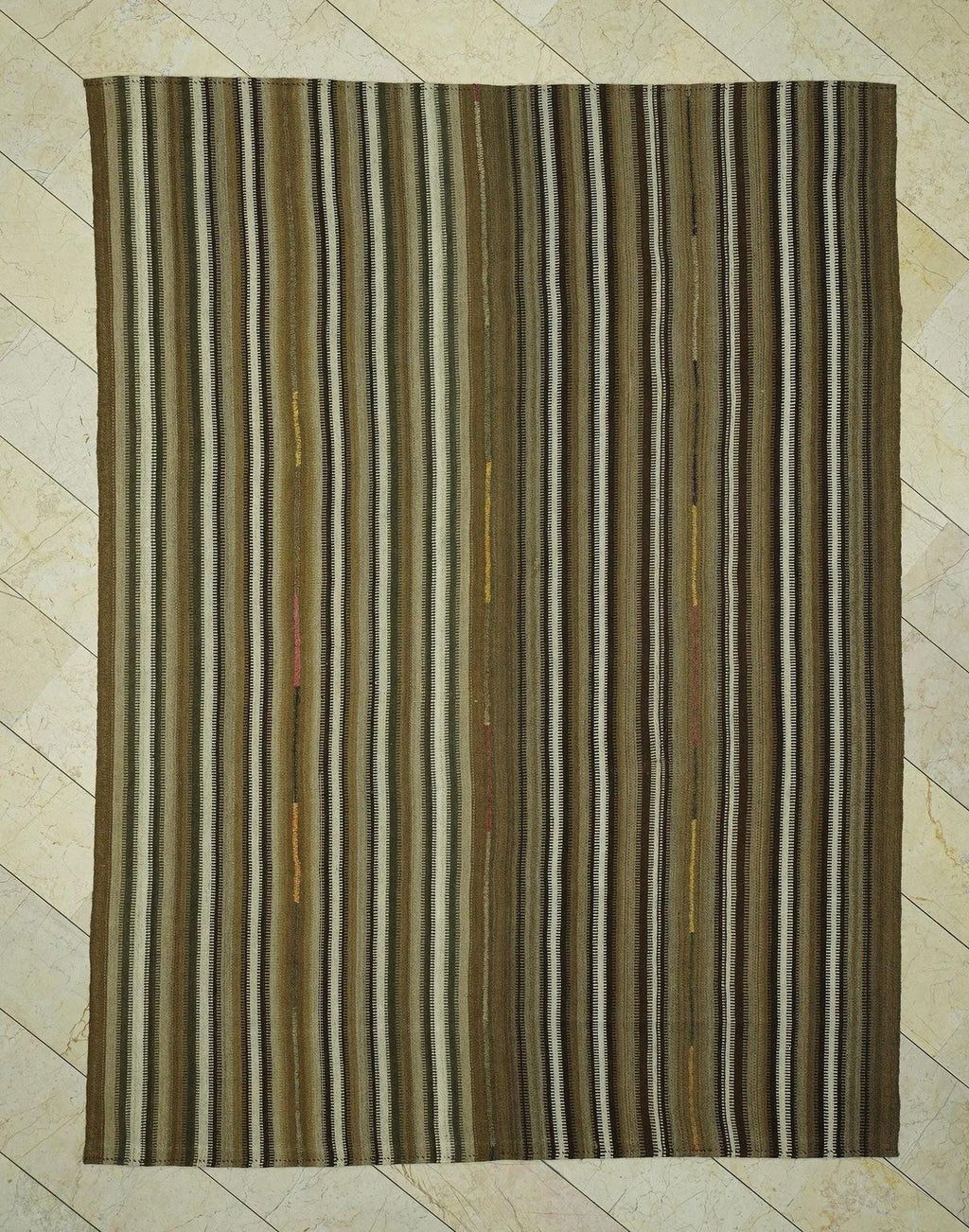 Neutral Stripe One Of A Kind Turkish Kilim Rug: 7.5x10 Feet,Primitive Wool Handmade Rugs.