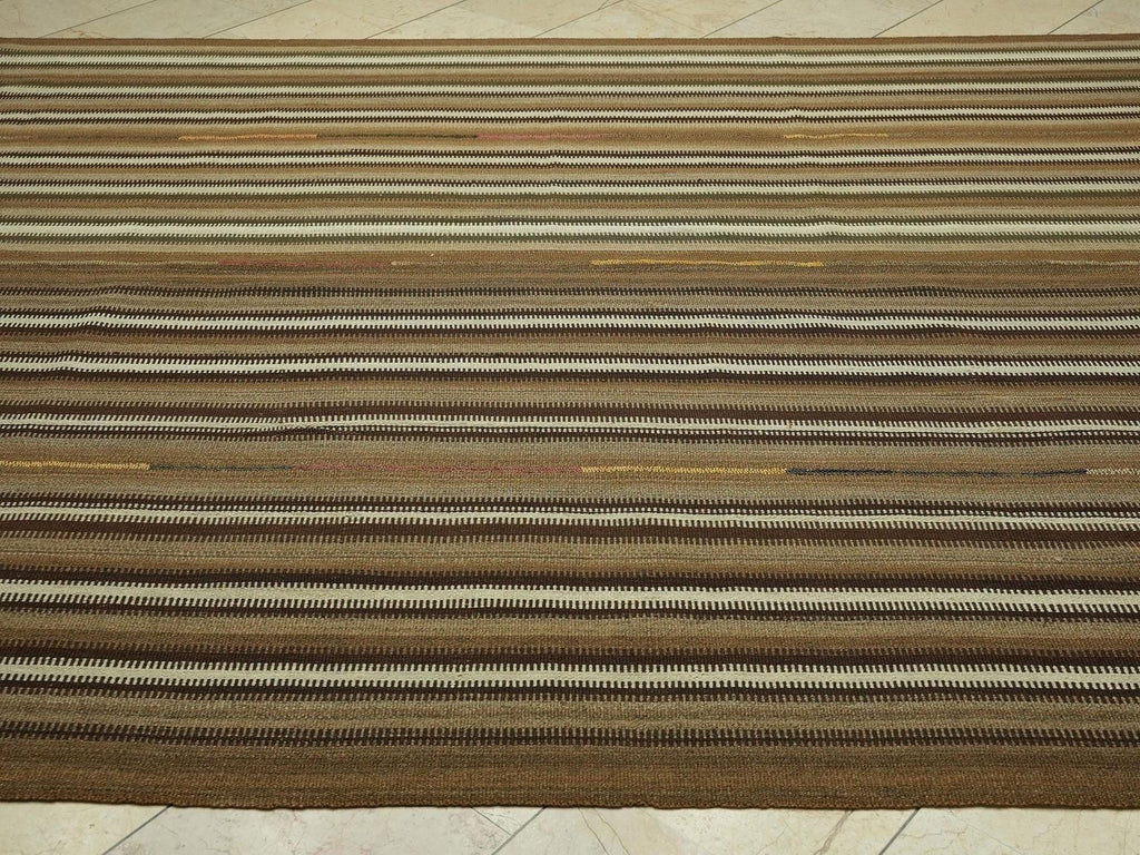 Neutral Stripe One Of A Kind Turkish Kilim Rug: 7.5x10 Feet,Primitive Wool Handmade Rugs.