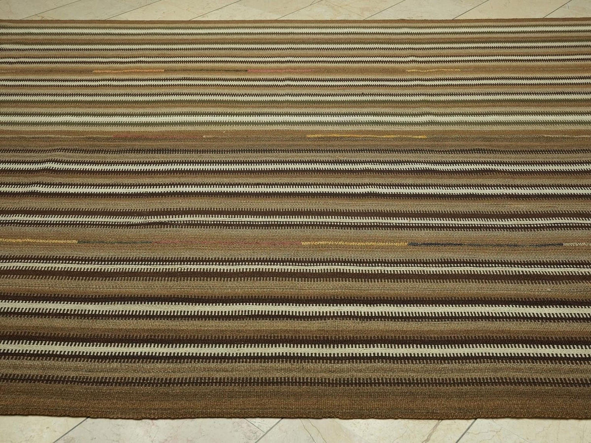Neutral Stripe One Of A Kind Turkish Kilim Rug: 7.5x10 Feet,Primitive Wool Handmade Rugs.
