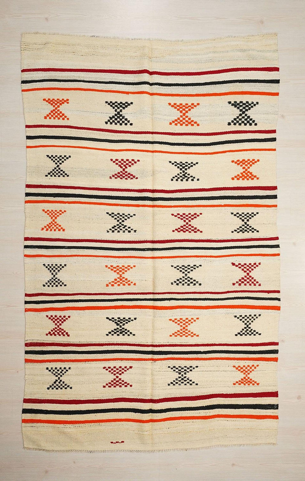 5x8 Orange Stripe Cream Old Turkish Kilim Rug: Minimalist Home Style Floor Decor Rugs.