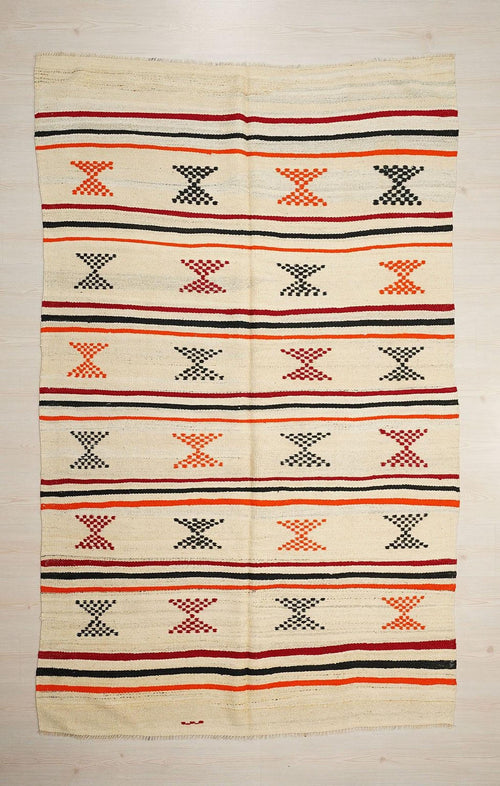 5x8 Orange Stripe Cream Old Turkish Kilim Rug: Minimalist Home Style Floor Decor Rugs.