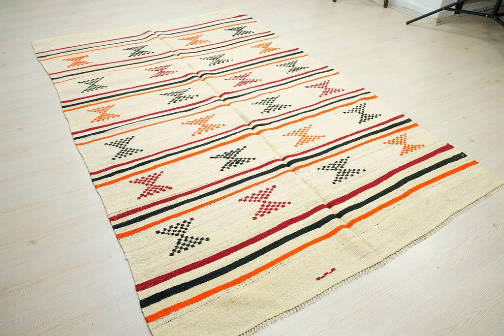 5x8 Orange Stripe Cream Old Turkish Kilim Rug: Minimalist Home Style Floor Decor Rugs.