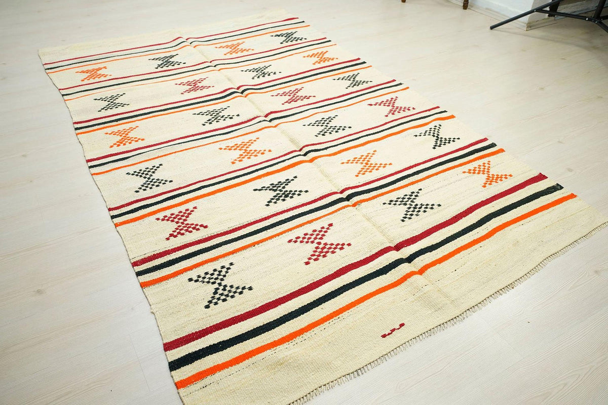 5x8 Orange Stripe Cream Old Turkish Kilim Rug: Minimalist Home Style Floor Decor Rugs.