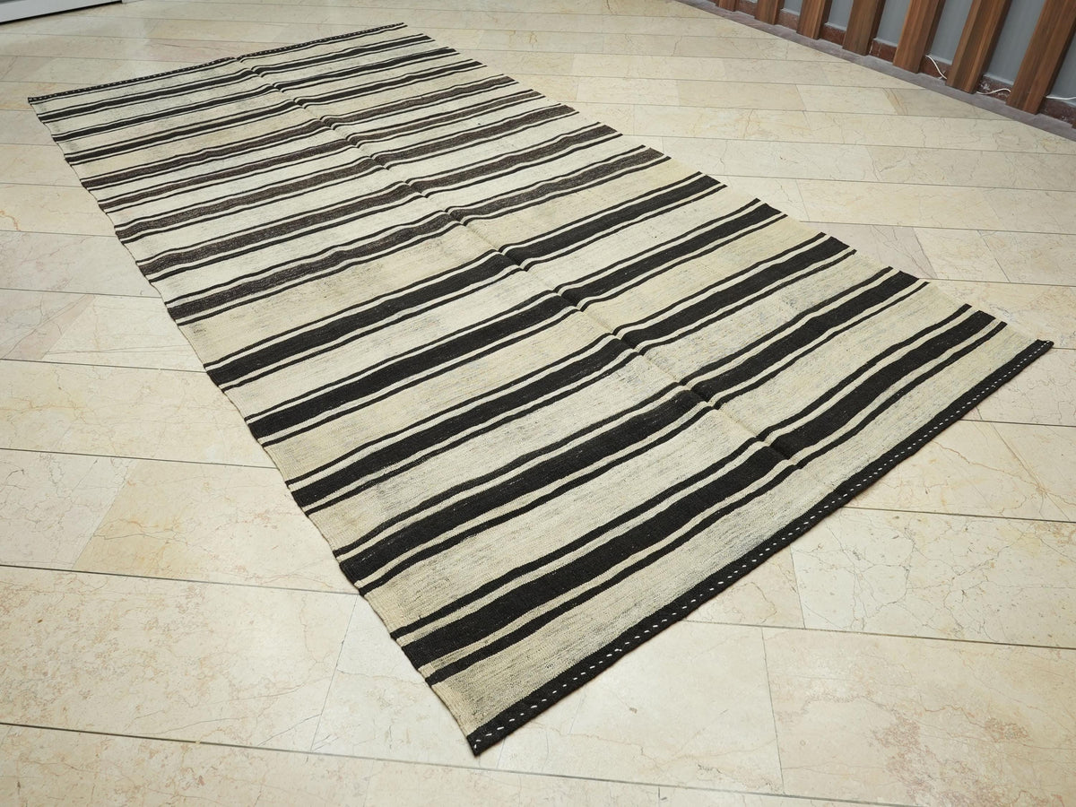 Striped Turkish Kilim Rug: Black & Cream, Flat Weave, 5.9"x11' Vintage Anatolian Rugs