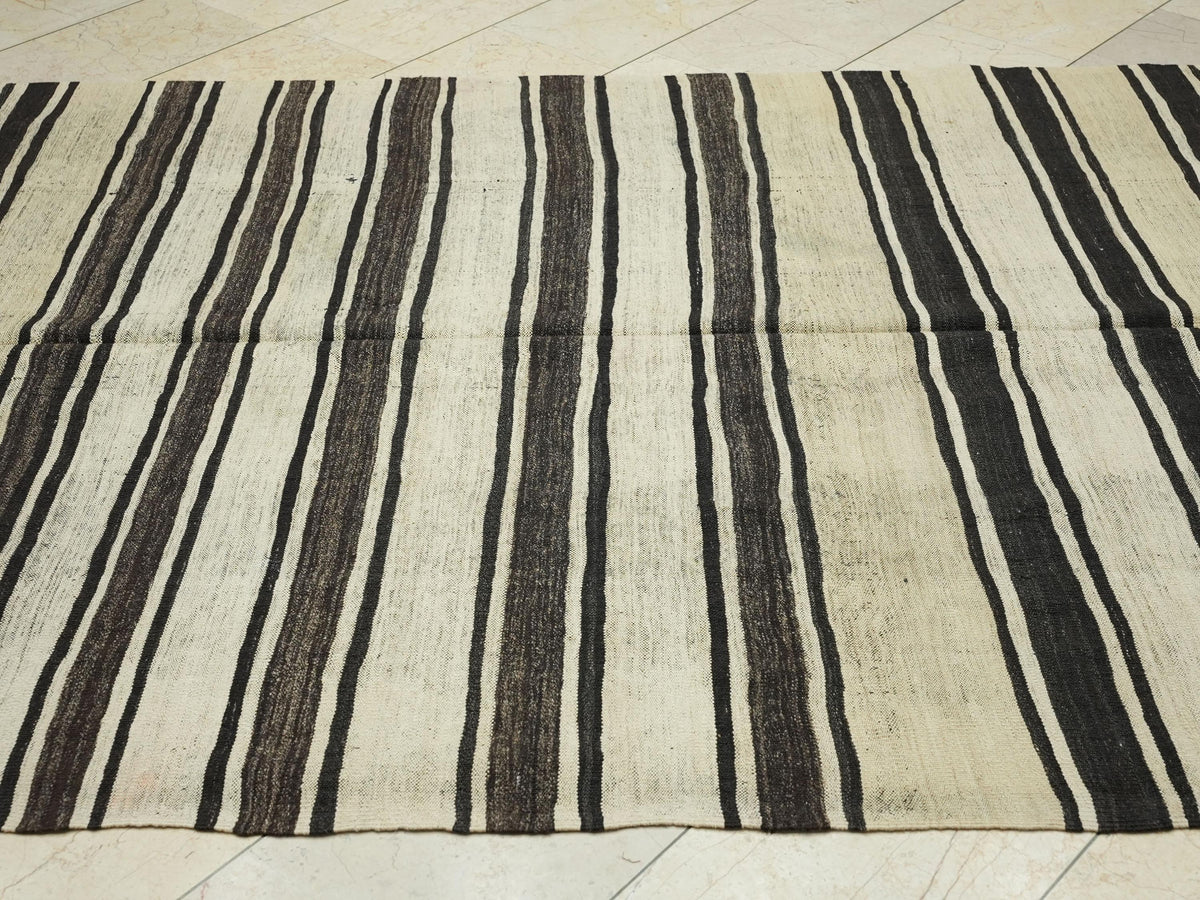Striped Turkish Kilim Rug: Black & Cream, Flat Weave, 5.9"x11' Vintage Anatolian Rugs