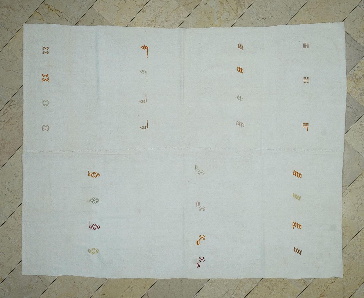 White Turkish Kilim Rug: Handwoven Cotton Flat Weave Rugs 6.6"x8.5" Feet.