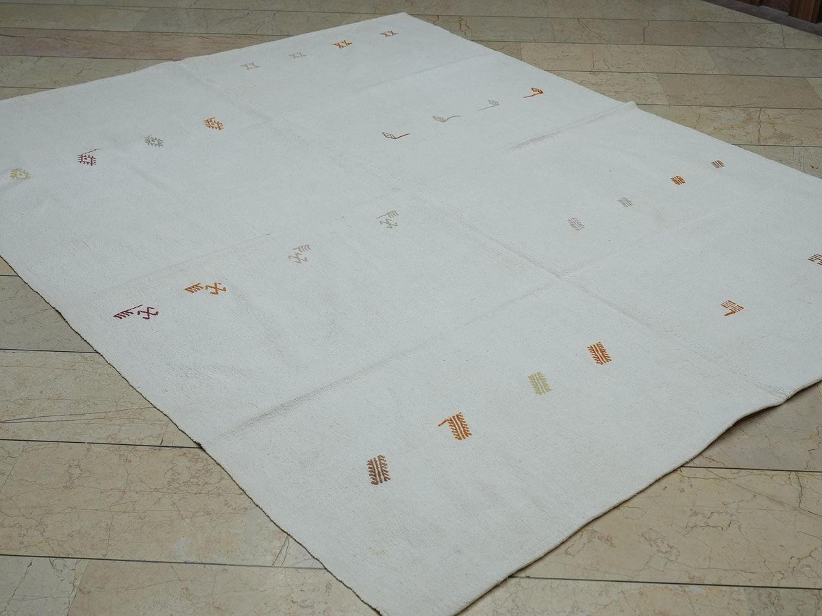 White Turkish Kilim Rug: Handwoven Cotton Flat Weave Rugs 6.6"x8.5" Feet.