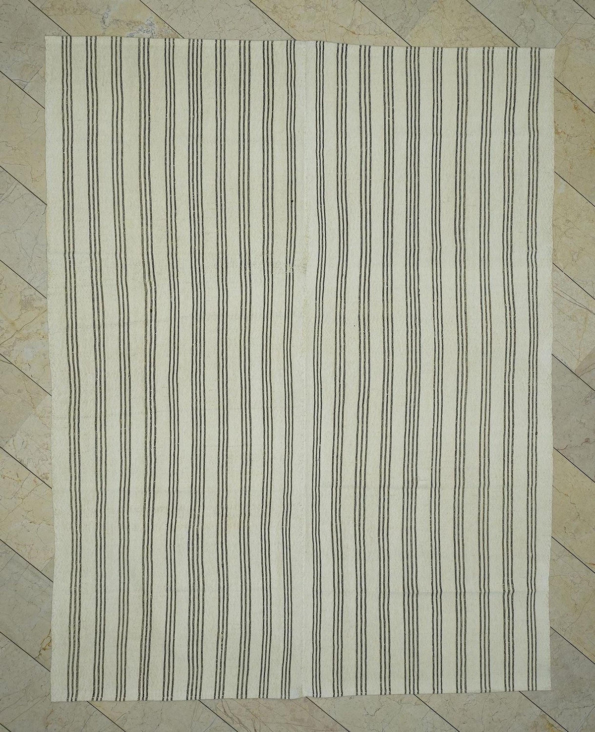Turkish Striped Kilim Rug: 7x9 Natural Wool Rugs.