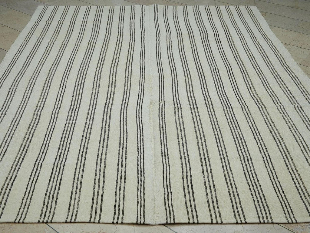 Turkish Striped Kilim Rug: 7x9 Natural Wool Rugs.
