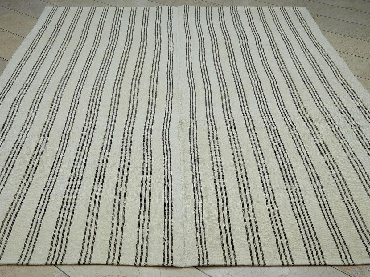 Turkish Striped Kilim Rug: 7x9 Natural Wool Rugs.